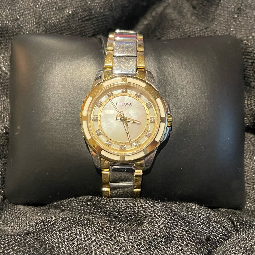 Bulova 12 Diamonds White Mother of Pearl Two Tone Ladies Quartz Watch